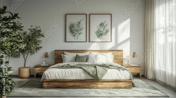 Fototapeta 3D Render of Modern Bedroom with White Wall, Green Accent, and Wooden Headboard. Minimalist Design with Decorative Paintings.