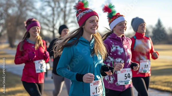 Obraz A 5K run or walk held on the morning of New Year’s Day to raise money for a charitable cause. Participants can dress in festive gear, and the event finishes. Ai generated