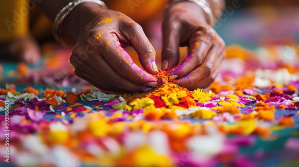 Fototapeta A close-up of hands decorating a Diwali rangoli with colorful powders and flower petals, showcasing intricate patterns and bright colors. Ai generated