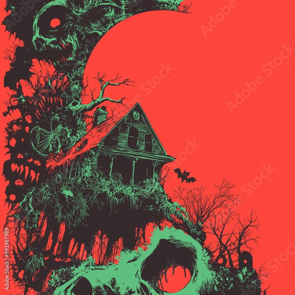 Fototapeta Haunted house overgrown with plants and dark red moon backdrop