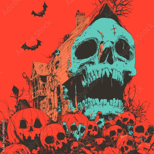 Fototapeta Skull emerging from a haunted mansion with pumpkins and bats in red night