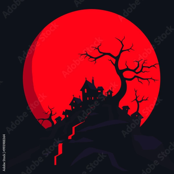 Fototapeta Silhouette of haunted houses on a cliff with a giant red moon