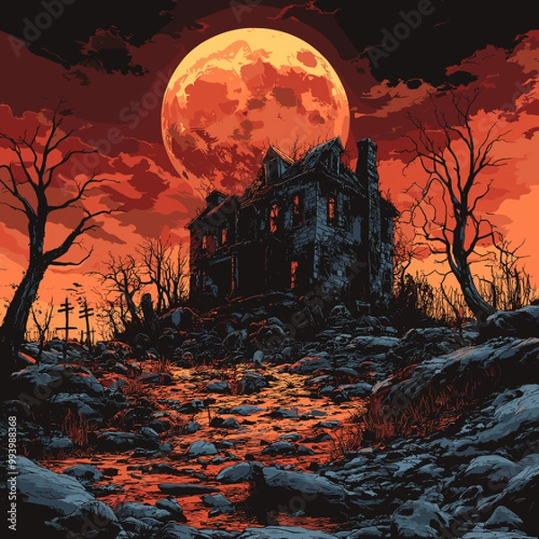 Fototapeta Old haunted house with ominous glowing moon in deserted landscape