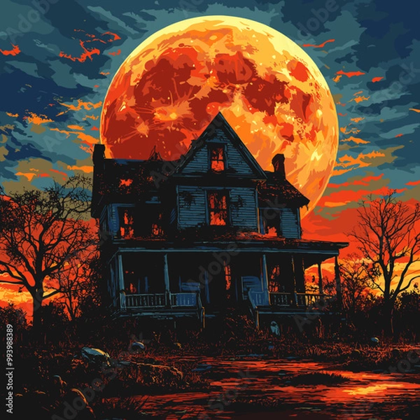 Fototapeta Spooky mansion with large moon in fiery red sky for Halloween theme