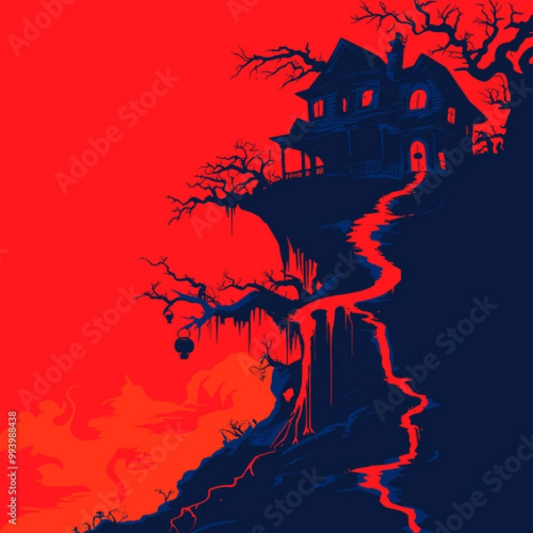 Fototapeta Spooky haunted house on a cliff with glowing windows under red sky