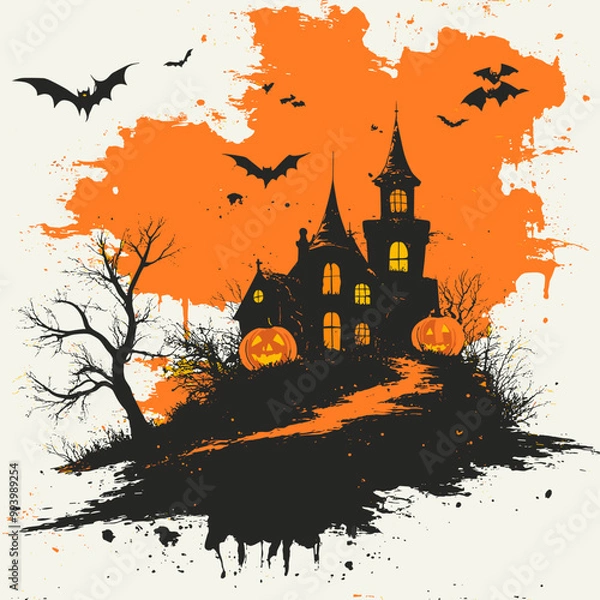 Fototapeta Haunted mansion with jack-o-lanterns and bats flying over orange sky