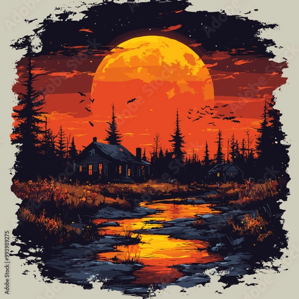 Fototapeta Cabin in the woods with glowing moon and bats flying overhead