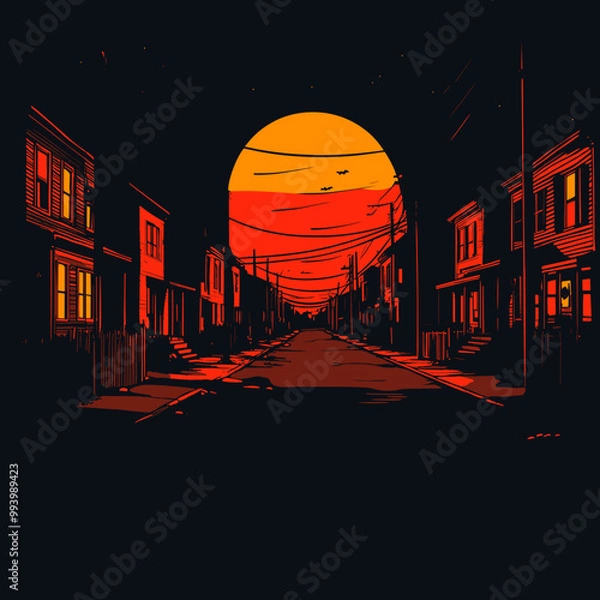 Fototapeta Empty street with glowing orange moon on Halloween night