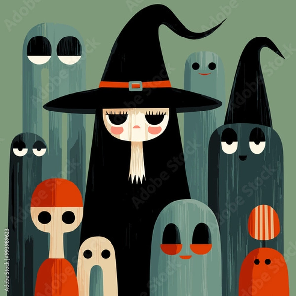 Fototapeta Cartoon-style witch in black hat surrounded by cute ghosts with large eyes