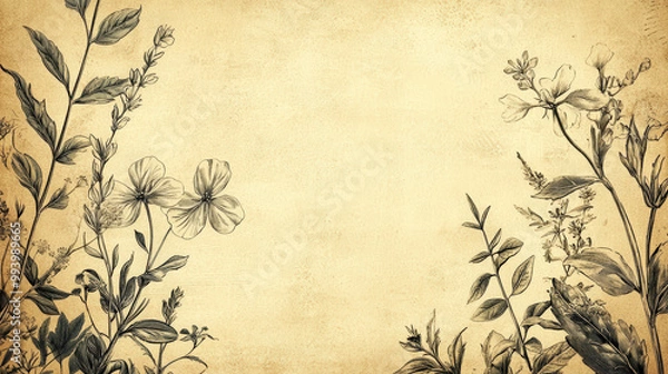 Fototapeta Antique style botanical engravings of flowers create vintage aesthetic, showcasing intricate details and delicate lines on textured background. This artwork evokes sense of nostalgia and appreciation