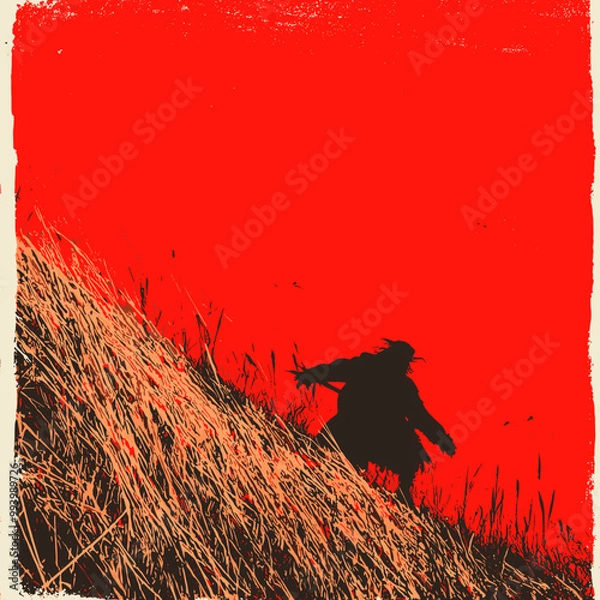 Fototapeta Silhouette of a lone figure walking up a hill with a bright red sky in the background