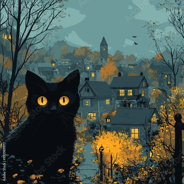 Fototapeta Black cat with glowing yellow eyes in front of a spooky village scene at dusk