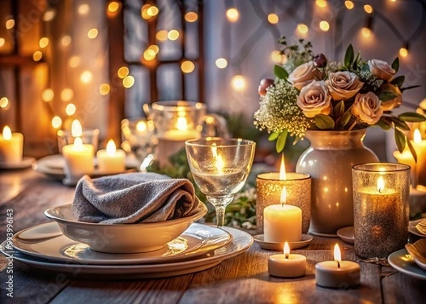 Fototapeta Cozy Romantic Dinner Setting with Soft Lighting, Elegant Tableware, and Charming Decorative Elements