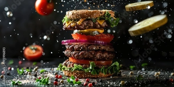 Fototapeta Layered burger with juicy patties, fresh lettuce, tomatoes, and flying ingredients.