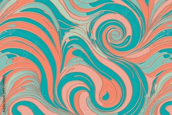 Fototapeta Charming Pastel Aqua and Salmon Swirl Pattern for Ocean Inspired Graphic Design