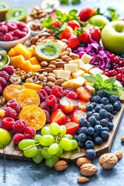 Fototapeta Elegant vegetarian charcuterie board featuring fresh fruits, nuts, and artisanal plant-based cheese, party setting