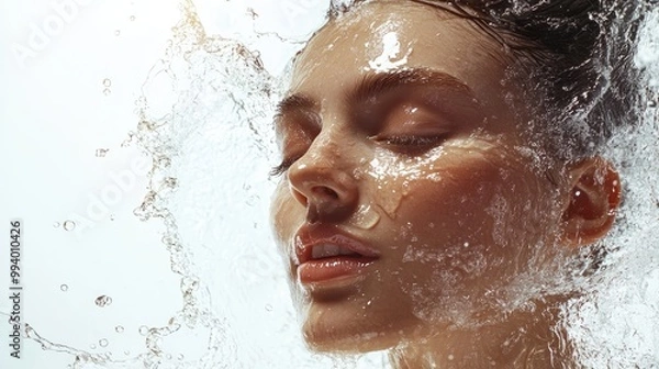 Obraz Beautiful woman with radiant skin, water splashing around her in motion, creating a refreshing scene on a white backdrop.