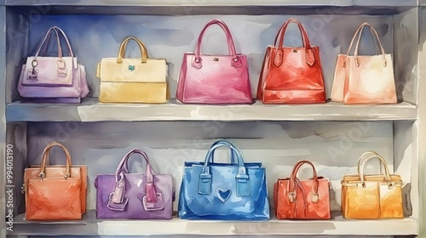 Fototapeta Watercolor Artistic using soft, brushy watercolor strokes, Single object picture Closet/Walk-in Closet â€“ an organized display of handbags on a shelf