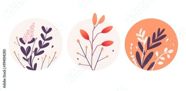 Fototapeta Three simple plant illustrations in purple and orange tones on a white background