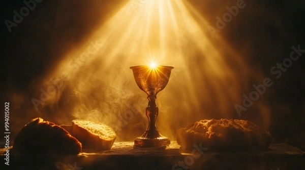 Fototapeta Golden chalice with bread, illuminated by a warm light.