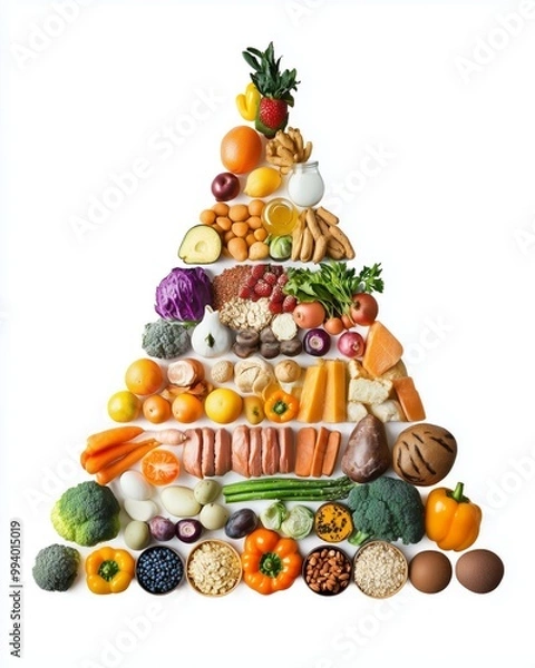 Fototapeta A colorful food pyramid on a white background highlights diverse food groups for a healthy diet.