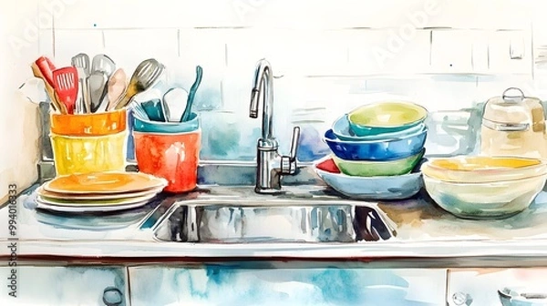 Fototapeta Watercolor Artistic using soft, brushy watercolor strokes, Single object picture Kitchen â€“ a sleek sink surrounded by colorful dishware