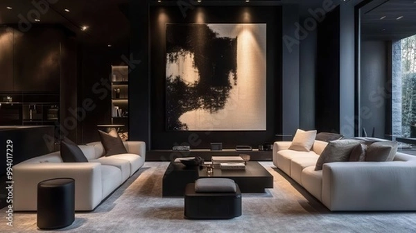 Fototapeta luxurious modern living room with dramatic black walls minimalist furniture in neutral tones large abstract art piece as focal point soft ambient lighting creating intimate atmosphere