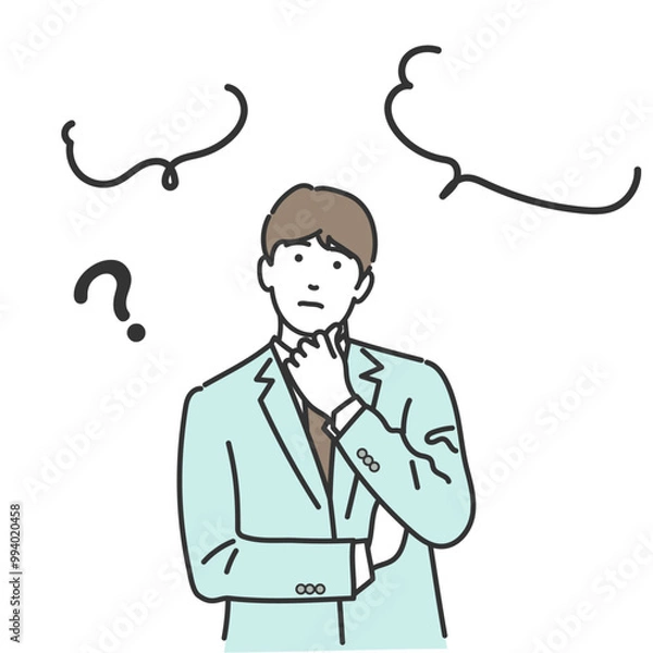 Obraz 腕組みし顎に手をやり考えるスーツのビジネスマン　ベクターイラスト　吹き出し　悩む　白バック