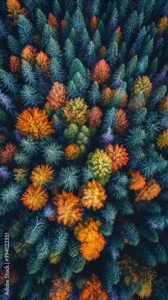 Fototapeta A vibrant aerial view of an autumn forest, with trees displaying hues from deep greens to bright yellows and oranges