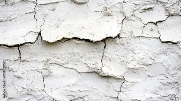 Fototapeta Cracked and weathered white plaster wall, close-up texture shot perfect for architectural or rustic backgrounds.