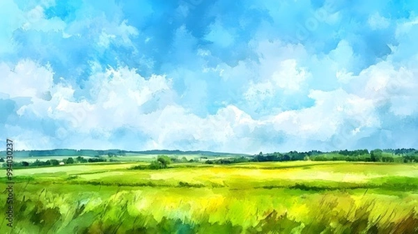 Fototapeta Vibrant countryside fields stretching into the horizon, painted with fluid watercolor brush strokes
