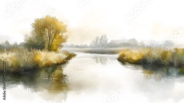 Fototapeta Calm river winding through a countryside landscape, watercolor reflections creating a peaceful scene
