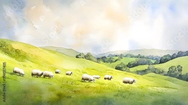 Fototapeta Rolling hills with grazing sheep, tranquil watercolor details adding softness to the pastoral scene