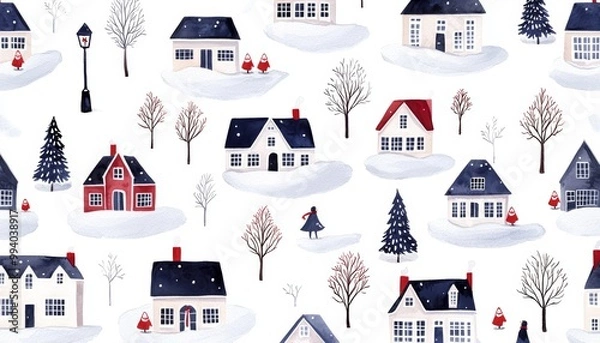 Fototapeta A whimsical winter village scene with colorful houses, trees, and snow, perfect for holiday-themed designs.