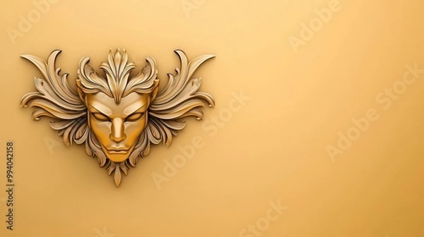 Fototapeta Decorative wall art featuring an ornamental face design on a golden background.
