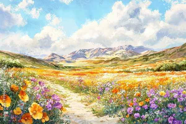 Obraz A vast desert landscape adorned with colorful wildflowers under bright blue sky, showcasing vibrant blooms and majestic mountains in background. scene evokes sense of tranquility and natural beauty