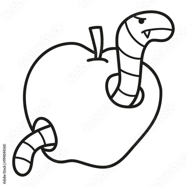 Obraz Black and white illustration of a poisoned and rotten apple with an angry worm coming out of it, Halloween, coloring page