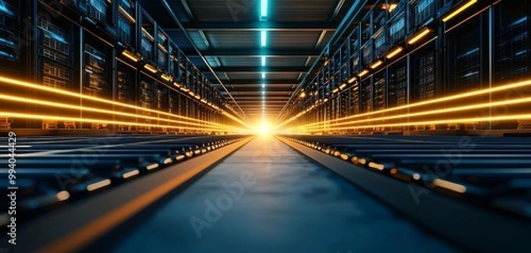 Fototapeta Futuristic data center with illuminated pathways and vibrant lights, showcasing advanced technology in action.