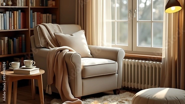 Fototapeta A cozy reading nook featuring a comfortable armchair, soft lighting, and a warm atmosphere. Perfect for relaxing with a book in a quiet, inviting corner of the home.