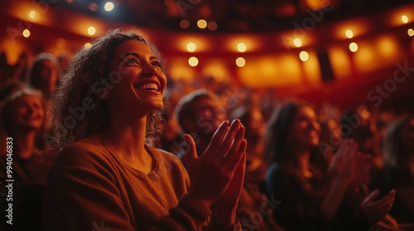 Fototapeta Smiling woman clapping hands while sitting in the audience at a theater