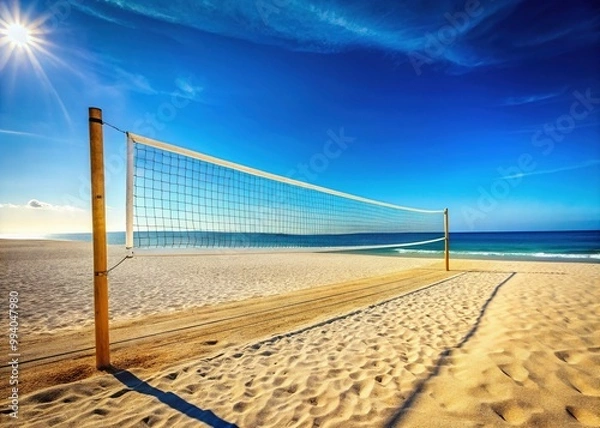 Fototapeta A vibrant, sunny day provides the perfect setting for a beach volleyball court, with a net and raked sand, against a clear blue sky background.