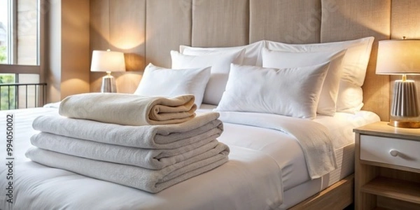 Fototapeta Crisp, freshly laundered white hotel linens, including a plush duvet, pillowcases, and towels, are neatly arranged on a luxurious bed, evoking comfort and relaxation.