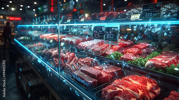 Obraz Meat aisle with various cuts displayed in a refrigerated grocery section. close-up of a meat fridge in a grocery store filled with various cuts of fresh meat various cuts of beef, pork and other meats