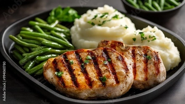 Obraz Grilled Pork Chops with Mashed Potatoes and Green Beans