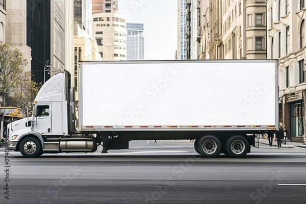 Fototapeta Empty billboard on the side of a white semi truck driving through the city