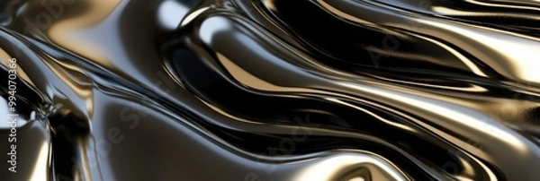 Fototapeta Panoramic metallic liquid surface forming elegant waves background. Panorama, panoramic banner
