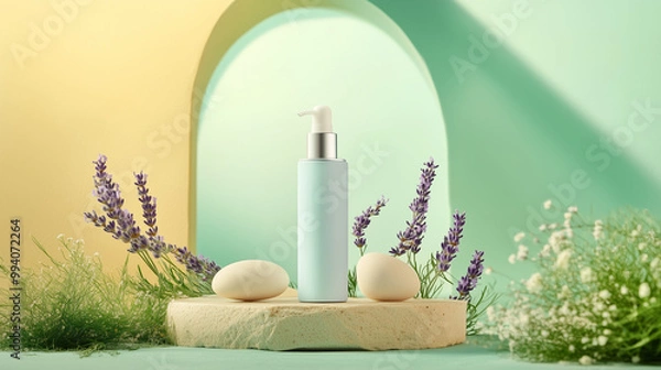 Fototapeta A composition showcasing a bottle of facial serum surrounded by two beige stones and lavender flowers, with a light green backdrop and an arch-shaped window at the bottom, mockup