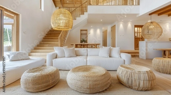 Fototapeta A modern, airy living room featuring natural materials and cozy seating, perfect for relaxation and minimalist design inspiration.