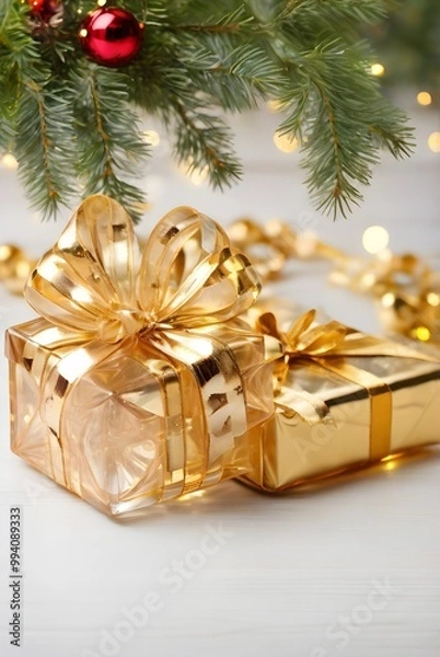 Fototapeta New Year background with transparent box with golden bow in pastel colors with golden bokeh. Phone background.