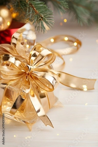 Fototapeta New Year background with transparent box with golden bow in pastel colors with golden bokeh. Phone background.
